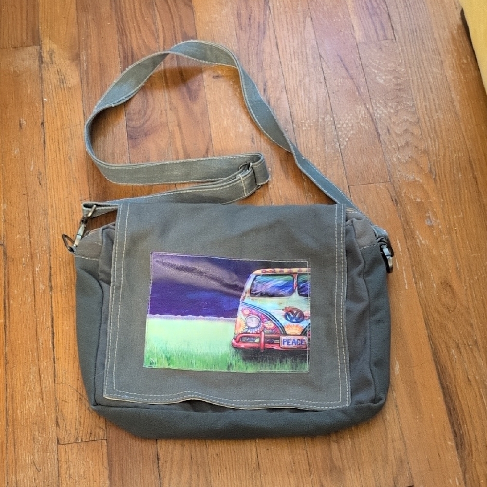 Gray Canvas Messenger Bag with Peace Van Design